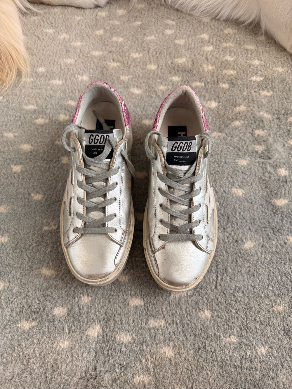 Women’s Silver Leather Sneakers with Pink Heel